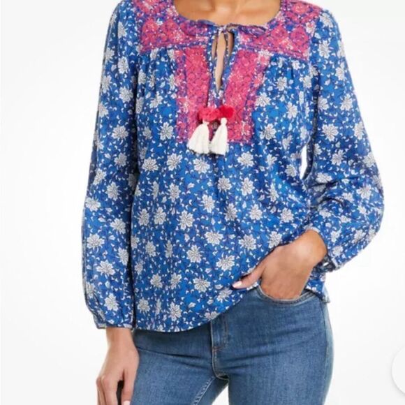 J. Crew Embroidered Peasant Blouse Blue Floral, Pink, Tassels, Size Small - Picture 1 of 10
